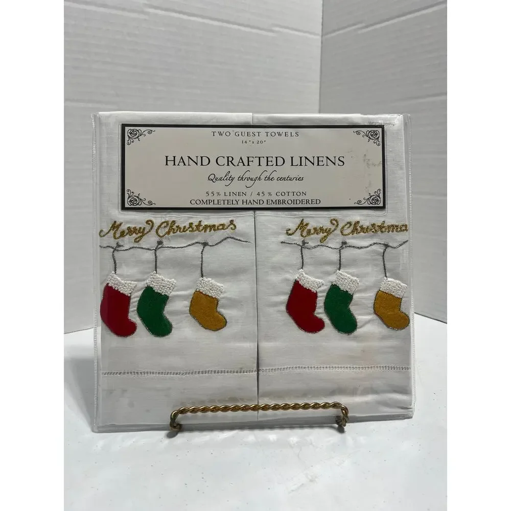 Hand Embroidered Christmas Linen Guest Towels